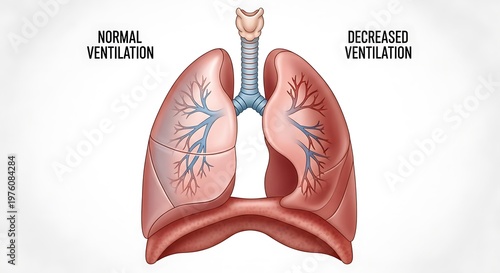 Normal and Decreased Ventilation in Human Lungs Medical Illustration.