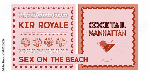 Vintage cocktail menu cards featuring kir royale sex on the beach and manhattan