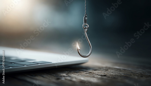 Fishing hook email phishing cyber security internet scam concept laptop technology fraud warning
