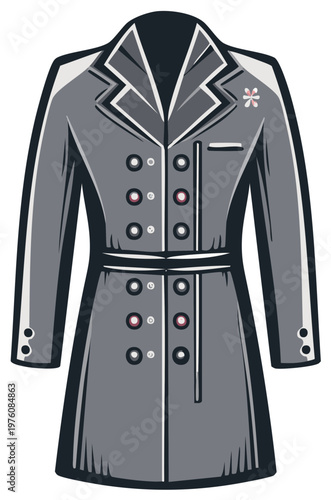 Classic grey double breasted trench coat with belt fashion attire outerwear vector illustration
