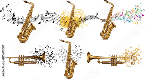 Saxophones and Trumpets with Musical Notes and Colorful Sound Effects for Music and Performance Illustrations