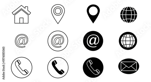 Title collection of black and white communication and location icons description a set of simple monochrome icons representing home location email and