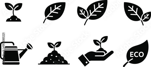 Black silhouette icons representing plant growth ecology and environmental sustainability