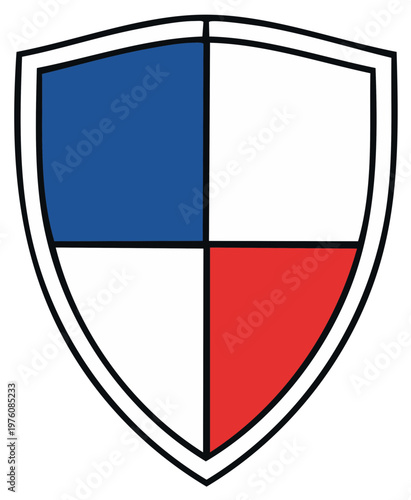 Crest Shield Design with Quartered Blue White and Red Sections, Symbol of Power and Protection