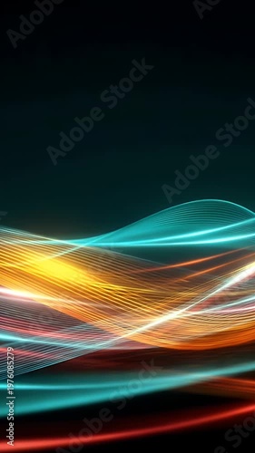 Abstract motion design with flowing digital light trails and glowing wave patterns creating dynamic energy backdrop for cinematic high tech presentations and futuristic electronic media art.