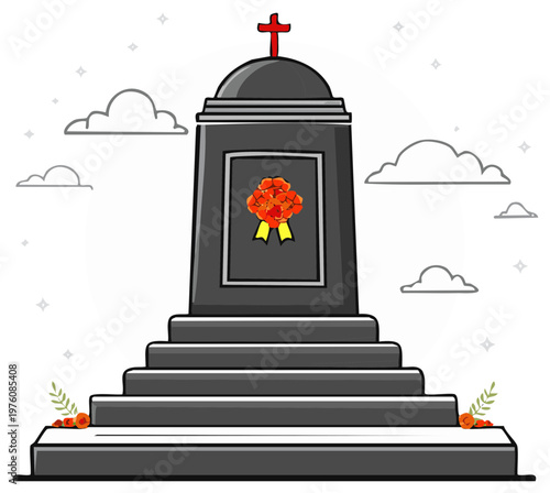 Grand Monument with Floral Tribute and Cross on a Cloudy Day