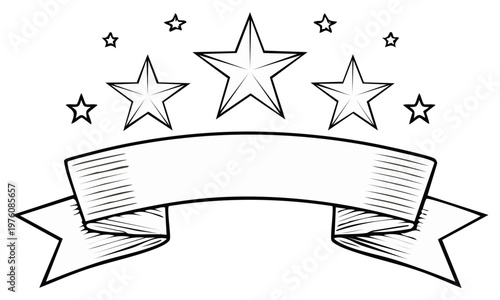 Ribbon banner illustration with stars above. Decorative banner with vintage look. Space for text to be added to customizable vintage sign.