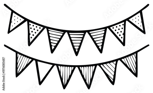 Drawn bunting flags design, decorative pennant garland black and white illustration