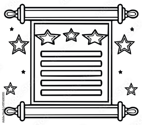 Black and white illustration of a historical document or declaration with stars and decorative scroll ends