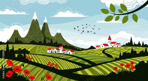 A vibrant graphic illustration of a picturesque European landscape with rolling vineyards, distant mountains, a charming village, and red poppies in the foreground.