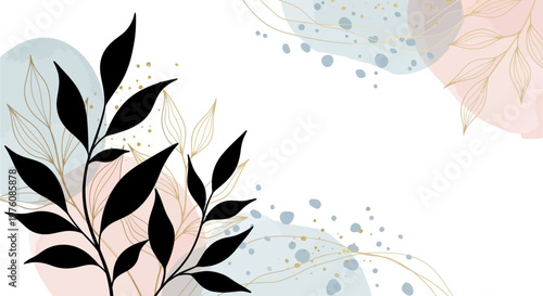 Elegant abstract background with black and golden line art leaves, complemented by soft pastel watercolor shapes and scattered golden dots.