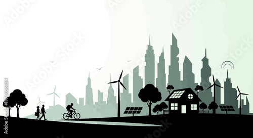 A detailed silhouette illustration of a sustainable city with green energy, people, and modern architecture, showcasing eco-friendly urban development.