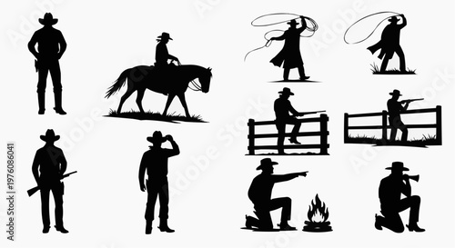 Cowboy silhouettes riding horse roping lassoing and shooting guns