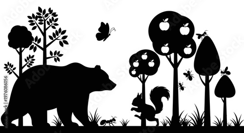 Black silhouette of a bear, squirrel, and various insects in a forest with apple trees and grass, illustrating wildlife and nature.