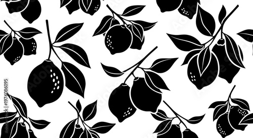 Seamless black and white pattern featuring stylized lemon branches with fruit and leaves, creating a bold graphic design for textiles or wallpaper.