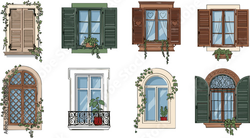 Set of Decorative Windows with Shutters, Vines, and Plants for Home Architecture, Interior, and Vintage Design Graphics