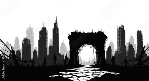 Post-apocalyptic cityscape silhouette with a ruined archway and overgrown skyscrapers under a stark white sky.