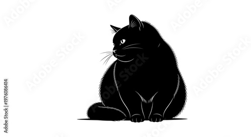 A plump black cat with bright eyes sits attentively, looking to the left with its body turned away from the viewer.