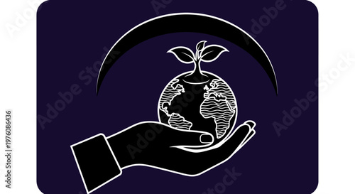 A hand cradles the Earth, symbolizing environmental protection and growth under a protective arc.