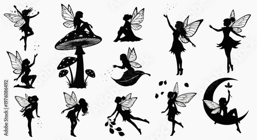 Black silhouettes of fairies in various poses with mushrooms and moon