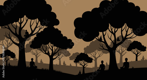 Silhouetted figures meditate peacefully under the shade of stylized trees in a serene, sepia-toned landscape.