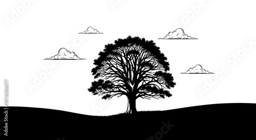 A striking silhouette of a large, mature tree with a full canopy against a stark white sky with scattered clouds.
