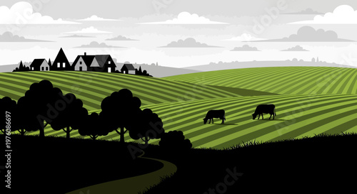 A picturesque rural landscape featuring rolling green hills, a farm with houses, trees, and cows grazing in a field under a cloudy sky.