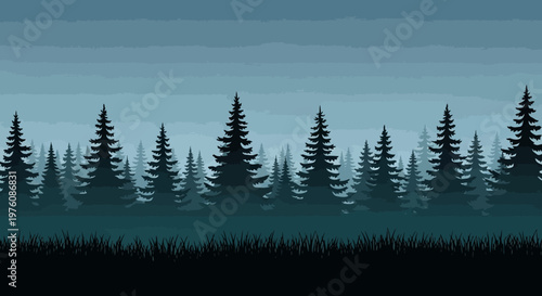 A serene, dark evergreen forest landscape under a moody, overcast sky, with silhouetted pine trees stretching across the horizon.