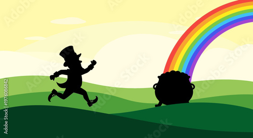 A leprechaun silhouette chases a pot of gold at the end of a rainbow, set against a vibrant, stylized landscape.