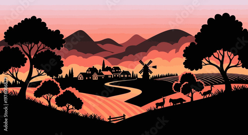 A picturesque rural landscape at sunset, featuring rolling hills, a winding river, a quaint village with a windmill, and silhouetted trees and animals.