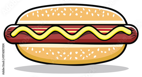 Cartoon hot dog with mustard and sesame seed bun