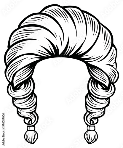 Illustration of a traditional legal wig with braided pigtails in a stylized drawing