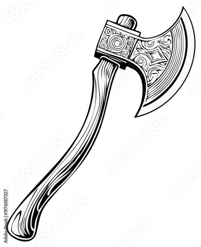 Ornate Viking Axe with Intricate Scrollwork Designs and Wooden Handle