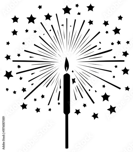 Celebration Sparkler with Stars Bursting Outward on White Background