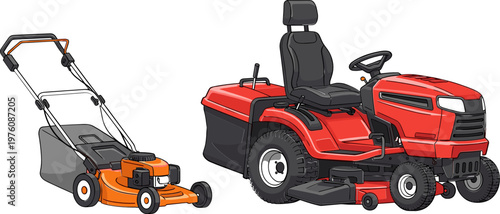 Set of Lawn Mowers, Push and Riding Models, for Gardening, Landscaping, and Outdoor Maintenance Graphics