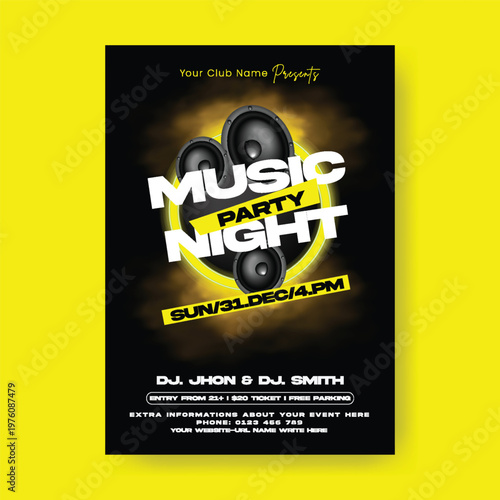 DJ Party Flyer Template for Nightclub Event Promotion, dj Music speakers Poster Design, Hip Hop Music Night Flyer, Print Ready A4 Layout, Editable Creative Club Brochure Cover Template