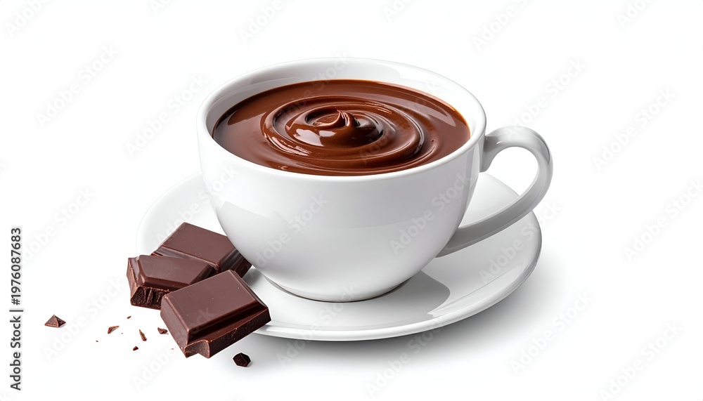 Fototapeta premium A white mug overflows with rich, swirling dark beverage. Beside the cup is a small white saucer holding three dark chocolate squares