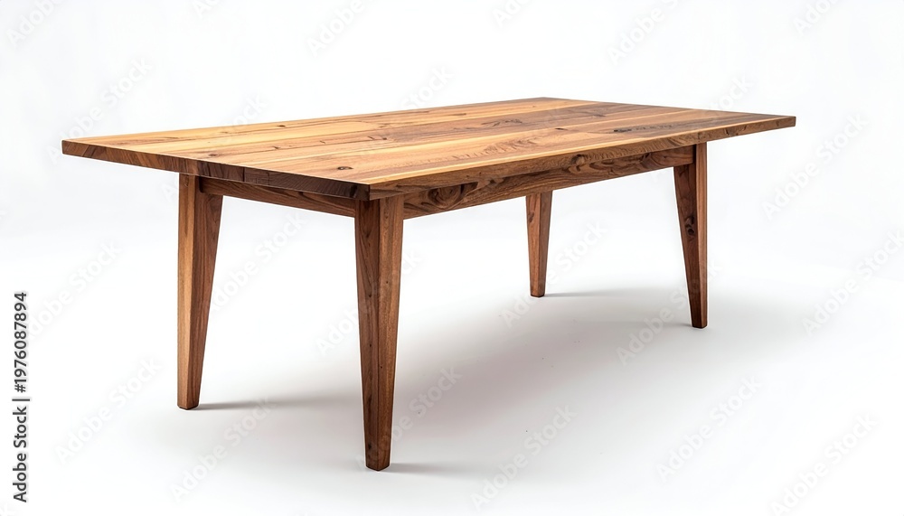 Fototapeta premium A wooden dining table is displayed against a white backdrop. It has a rectangular top, tapered legs, and a natural wood grain finish