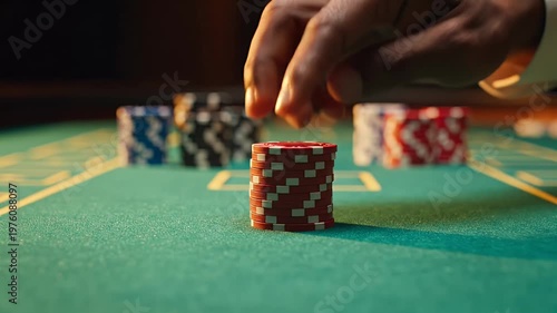 A close-up shot depicts a hand reaching for a stack of red and white poker chips on a green felt casino table.