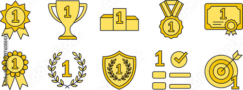 Golden Number One Winner Award and Achievement Success Icon Set