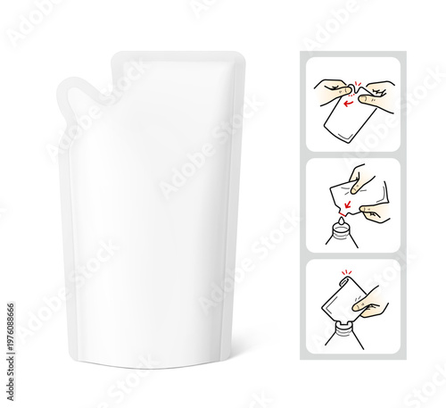 Pouch bag with torn curve corner mockup with set icons. Vector illustration isolated on white background. Can be use for refilling soap, liquids. The corner is easy to tear off by hand. EPS10.