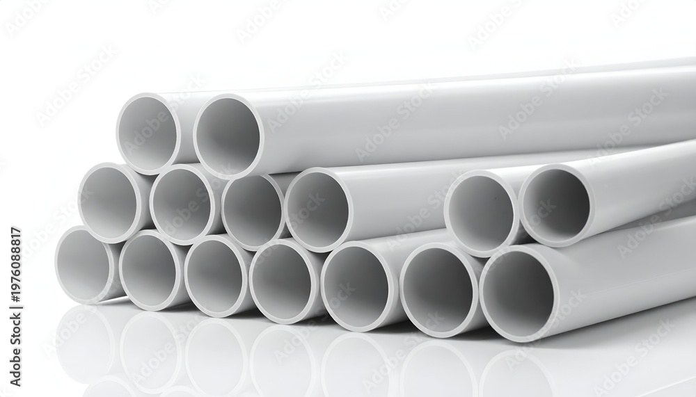 Fototapeta premium Close-up of several white, cylindrical tubes stacked atop each other against a white background, showcasing their round openings