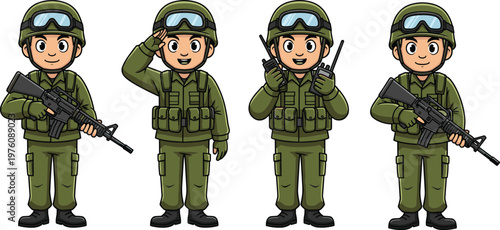 Set of cute soldier cartoon characters in green military uniform including saluting holding a rifle and using a radio for army design projects.