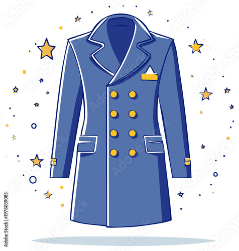Blue coat illustration of outerwear fashion for men featuring yellow buttons and embellishments on a clean background