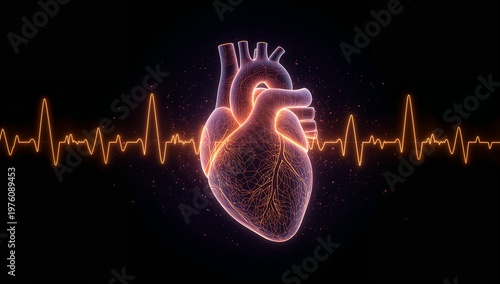 Heart Anatomy Illustration with Pulse Line on Dark Background