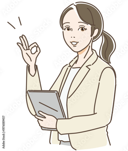 ビジネス 女性 スーツ OKマーク 解決 案内 笑顔 若い女性 タブレット ベクター Business woman suit OK sign solution reception young woman tablet vector isolated on white background