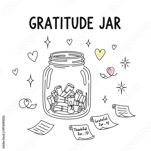 Quadro em tela Gratitude jar illustration with rolled papers, handwritten notes, and decorative elements for expressing thankfulness and appreciation