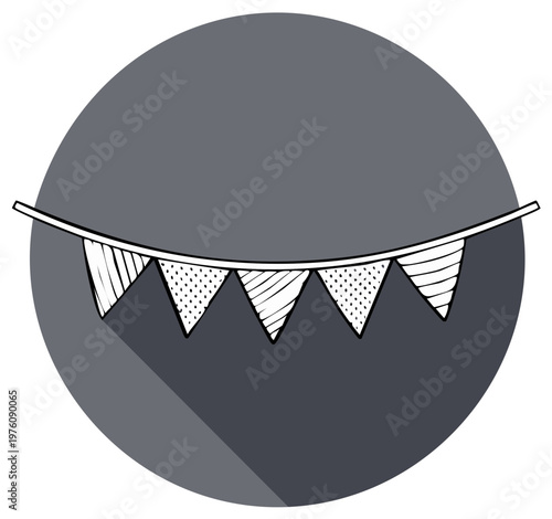 Festive garland of decorative pennant flags on gray background