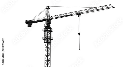 Fotografía Tower crane towering over construction site equipment.