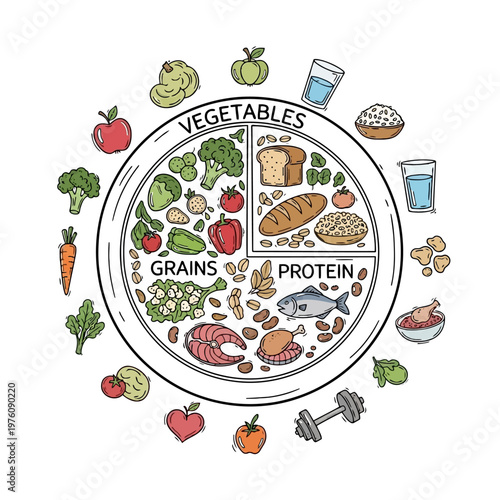 Circular food plate with sections for vegetables, grains, and protein surrounded by various healthy food items and a dumbbell.